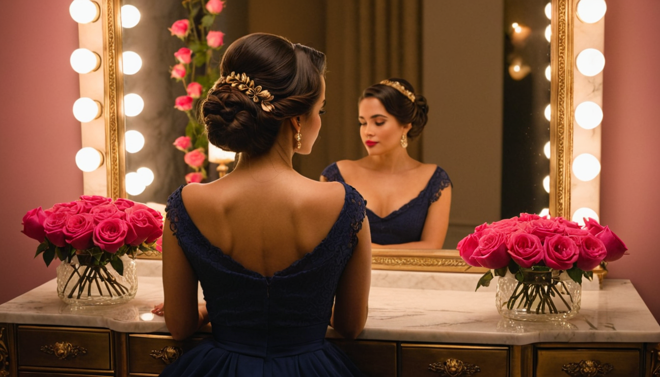 Elegant romantic hairstyle with vintage roses and antique mirror, Valentine's Day hair history