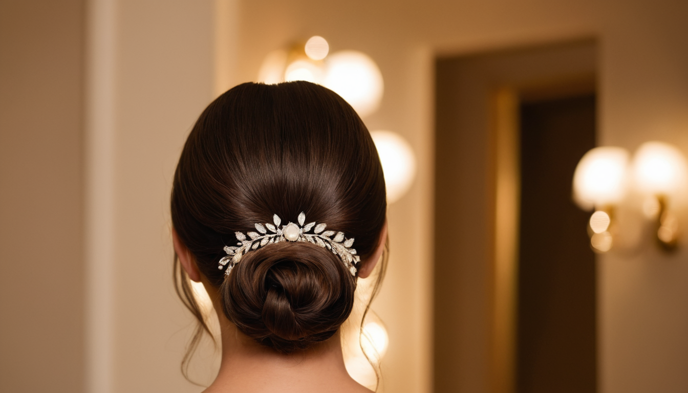 Elegant prom updo hairstyle with pearl pins and warm golden lighting at Sofia Loren Salon Boca Raton