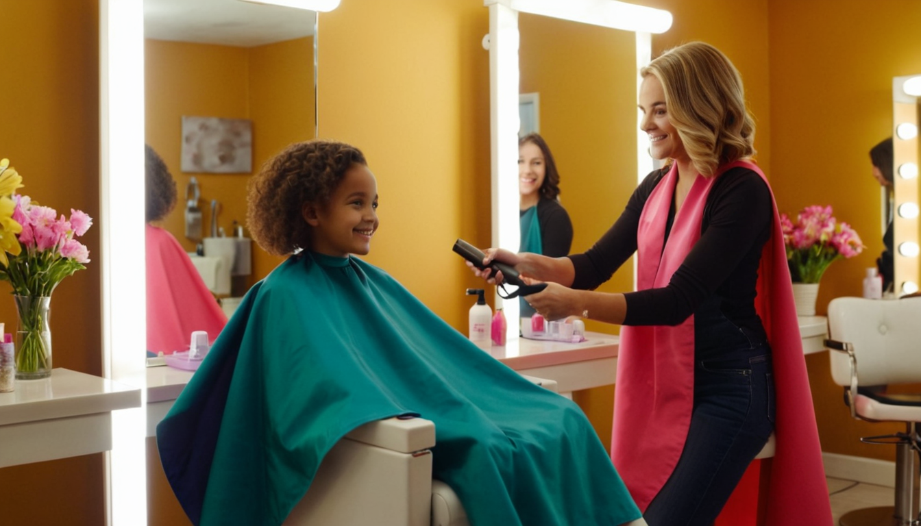 Happy child getting a haircut at a welcoming salon with friendly stylist