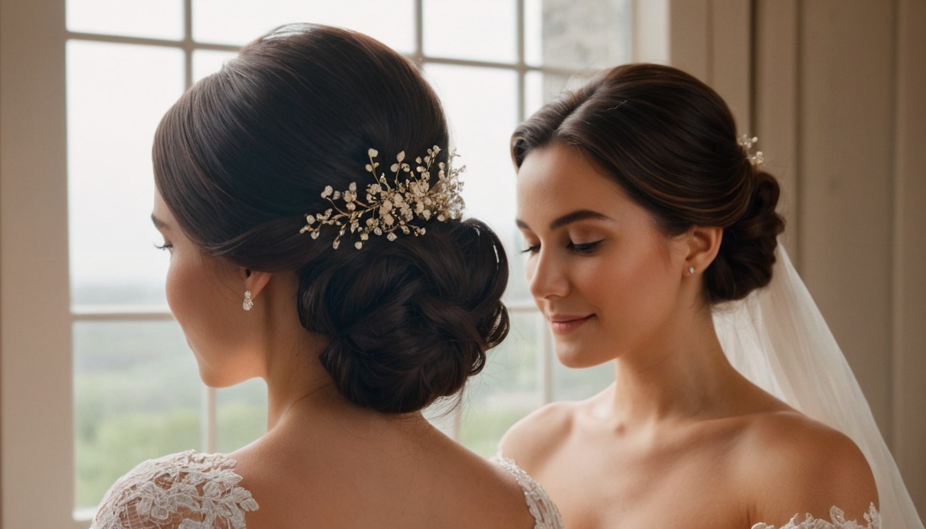 Elegant bridal updo with crystal hair accessories for wedding day at Sofia Loren Salon Boca Raton